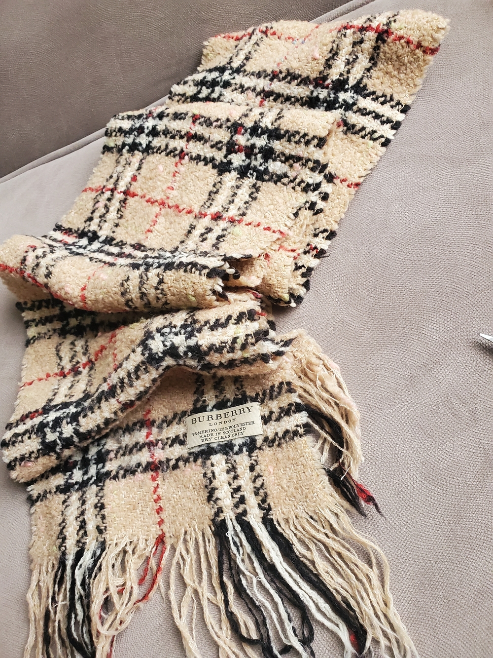 Vintage Burberry Beige Check Wool Blend Scarf65"+6" Unisex